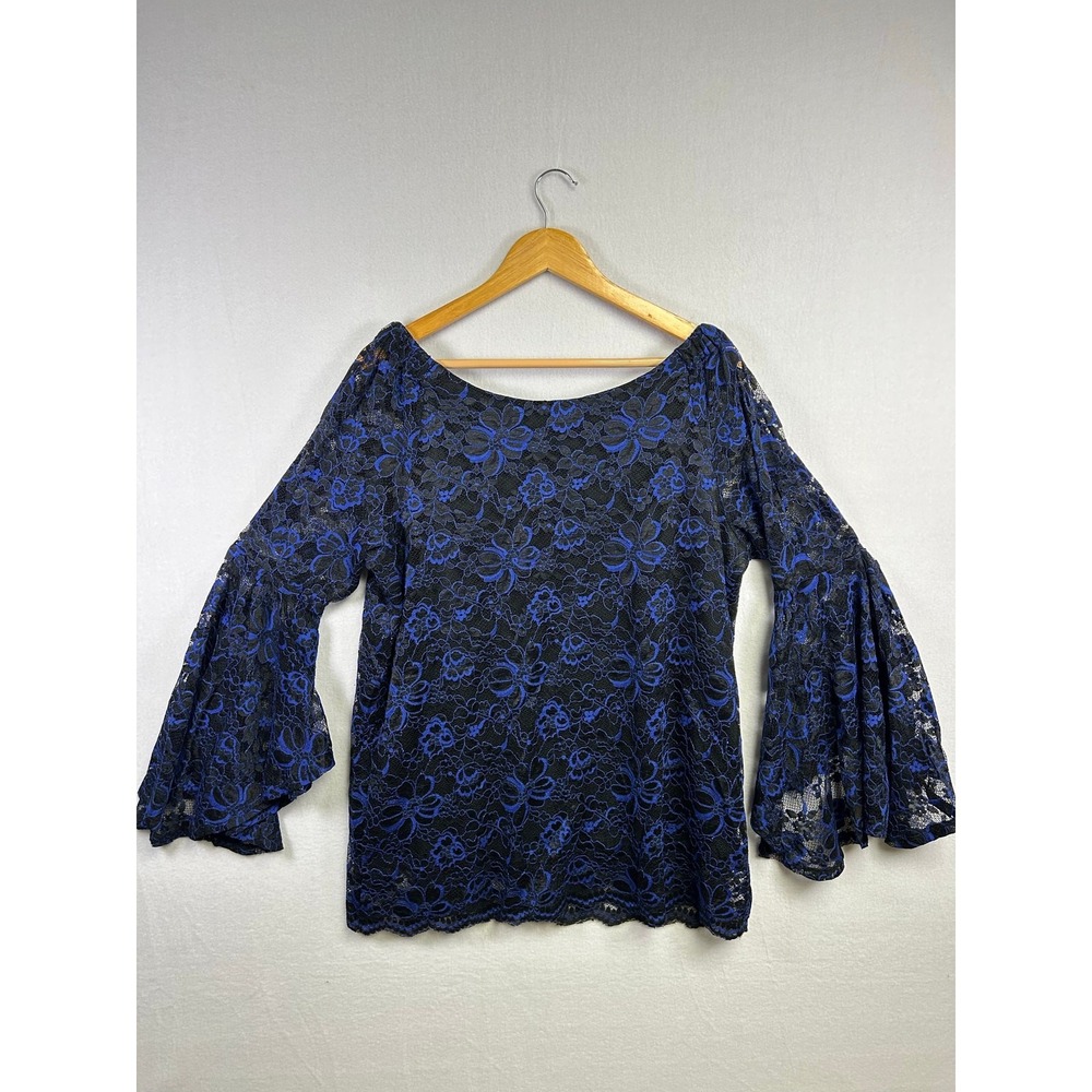 Whimsigoth Relativity Women XL Black Blue Floral Lace Tiered Bell Sleeve Blouse